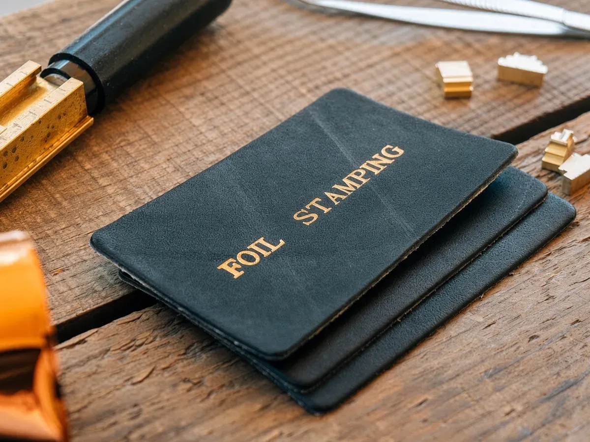 Gold foil stamped lettering on stacked leather covers, with brass dies and foil roll alongside
