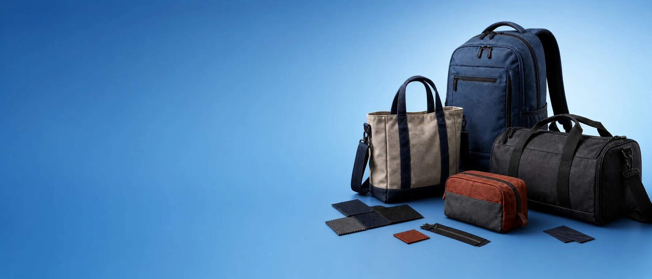 A lineup of custom tote, backpack, duffle and cosmetic bags made by LeelineBags, with leather swatches in the foreground