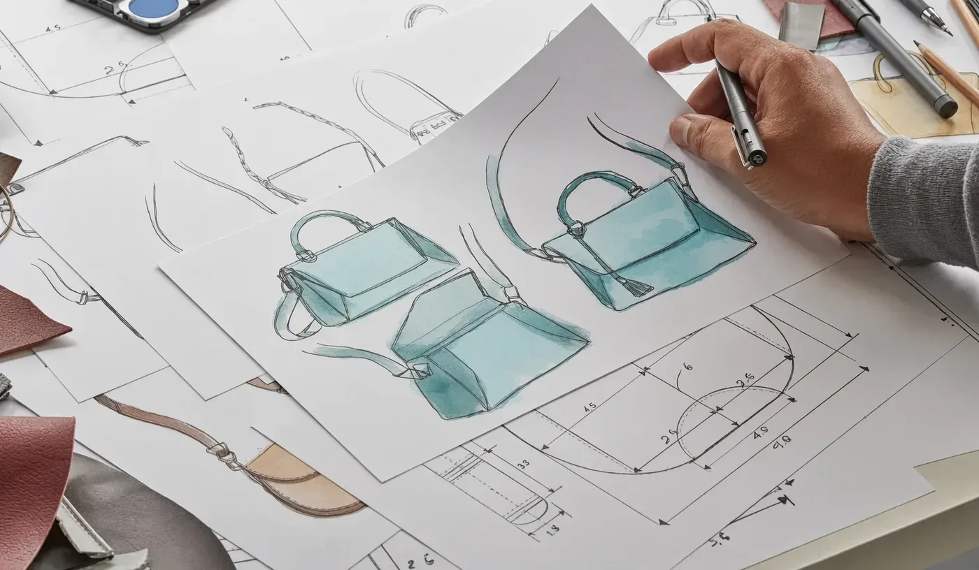 Hand-drawn bag concepts with dimensioned technical drawings spread across a design desk